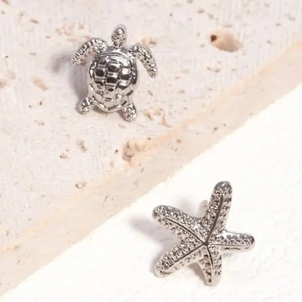 Women Girls Small Asymmetrical Starfish Turtle Stud Silver Earrings - Picture 1 of 5